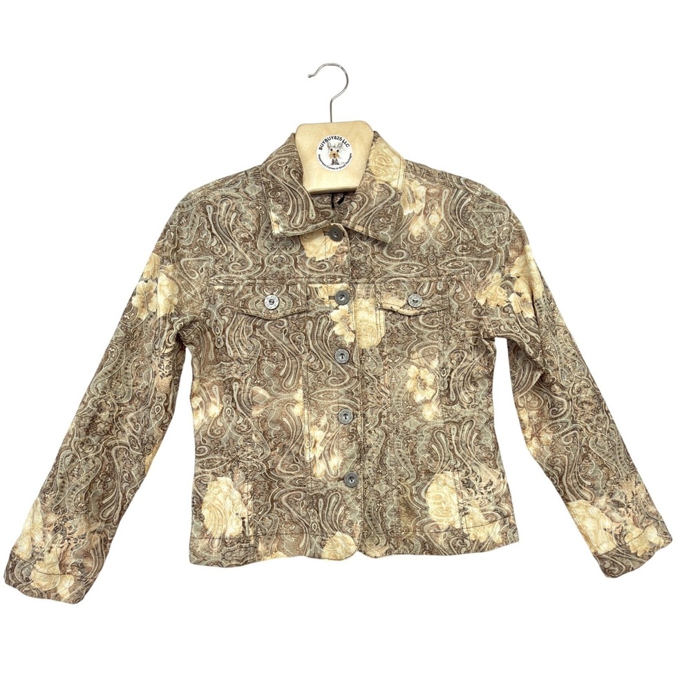 Analogy Petite Cropped Paisley Jacquard Jacket Neutral Brown Stretch - Picture 2 of 9